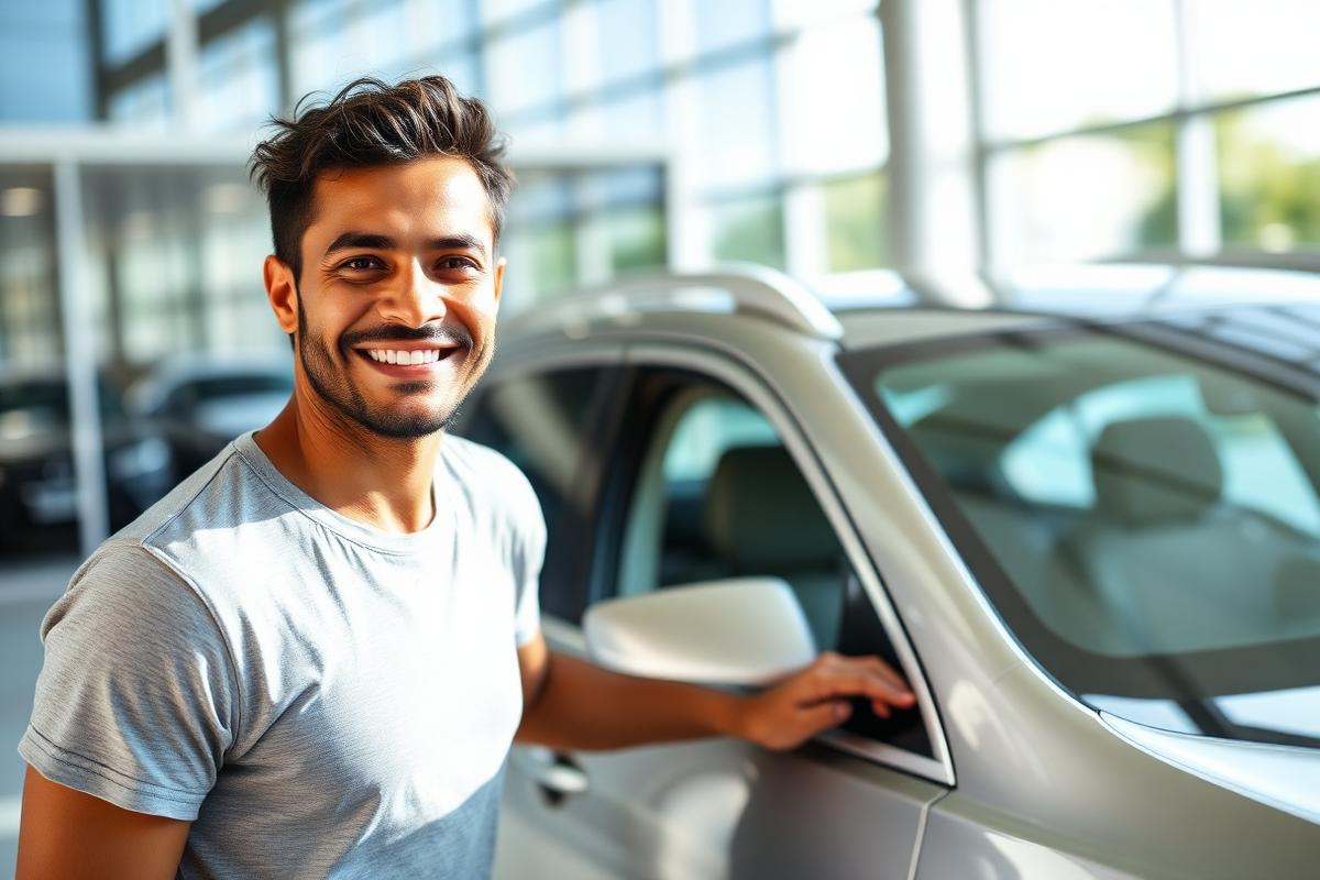 Homem brasileiro sorridente ao lado do seu carro seminovo com luz natural