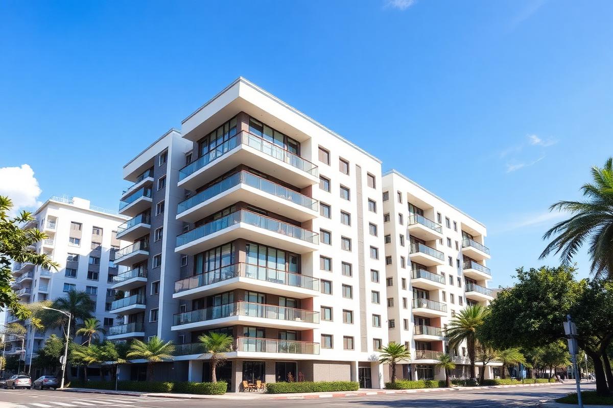 Prédio residencial moderno em bairro urbano brasileiro sob céu azul